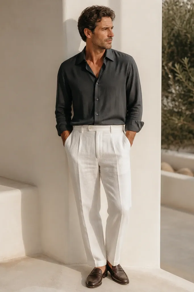 White linen pants paired with a charcoal button-down in a smooth tencel-like fabric, shirt tucked, and dark brown leather loafers; the fabric catches light softly.