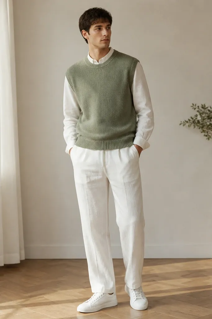 White linen pants with a sage green knit sweater vest over a white long-sleeve shirt, sleeves slightly visible at the wrists, and white sneakers; indoor light shows knit texture.