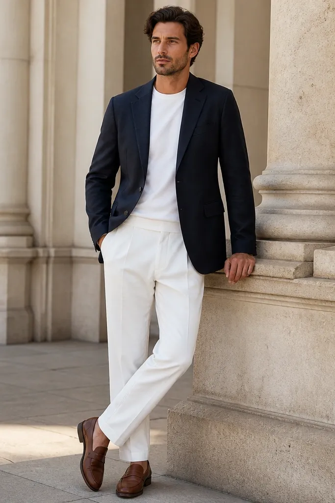 White linen pants styled with a navy lightweight blazer, white tee underneath, and brown leather loafers; blazer sleeves are unrolled and shoulders look structured.