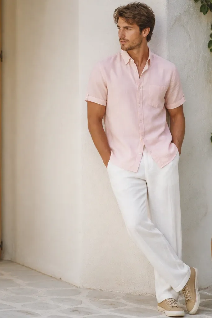 White linen pants with a pale pink short-sleeve button-up, sleeves buttoned at the cuff, and tan canvas sneakers; the outfit feels soft and summery.
