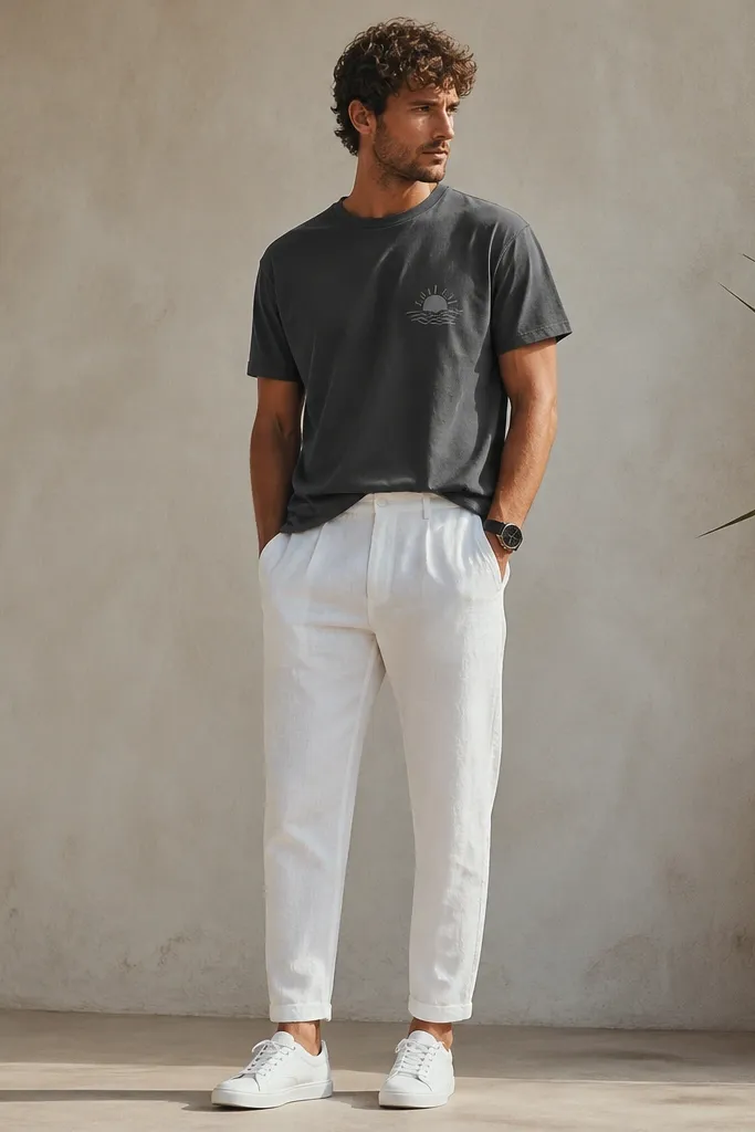White linen tapered pants with a charcoal tee that has a small chest graphic, white sneakers, and a black watch; the tee is tucked slightly at the front.