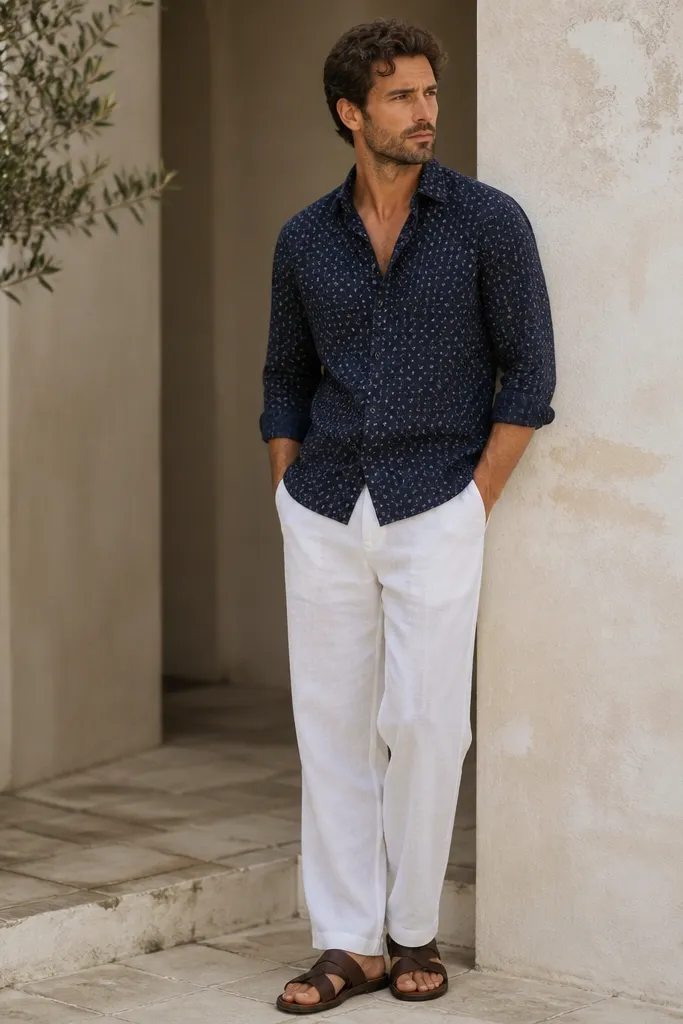 White linen pants with a navy-toned patterned camp shirt, open collar, sleeves rolled once, and dark brown leather sandals; the shirt pattern stays mostly small.