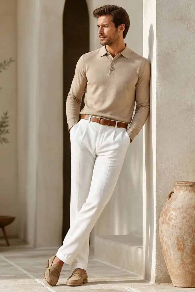 White linen pants with a tan knit polo, collar buttoned, sleeves down, and tan leather belt with matching loafers; outfit looks warm and coordinated.