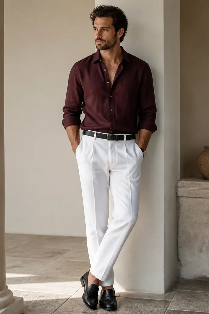 White linen pants with a burgundy linen button-up, sleeves rolled once, black leather loafers, and a slim black belt; the burgundy reads deep and warm.