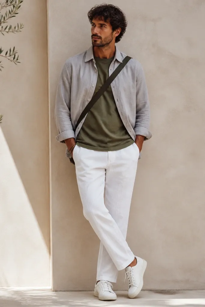 White linen pants with an olive t-shirt under a light gray overshirt worn open, white sneakers, and a crossbody bag strap over one shoulder.