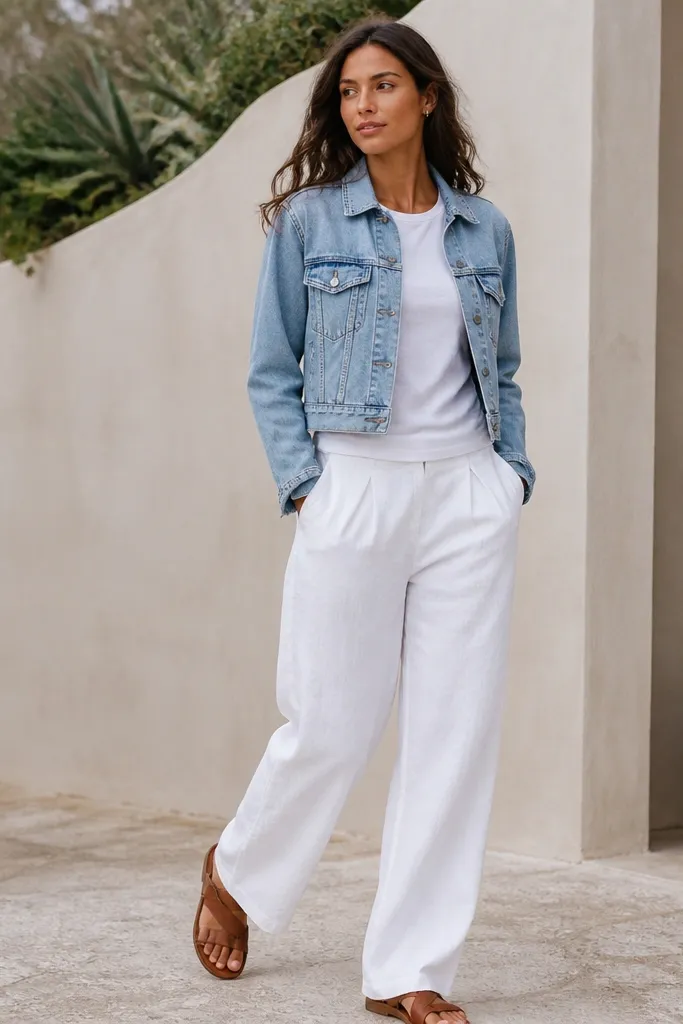 White linen pants with a light wash denim jacket worn open over a white tee, and brown leather sandals; the jacket hem sits above the hips.