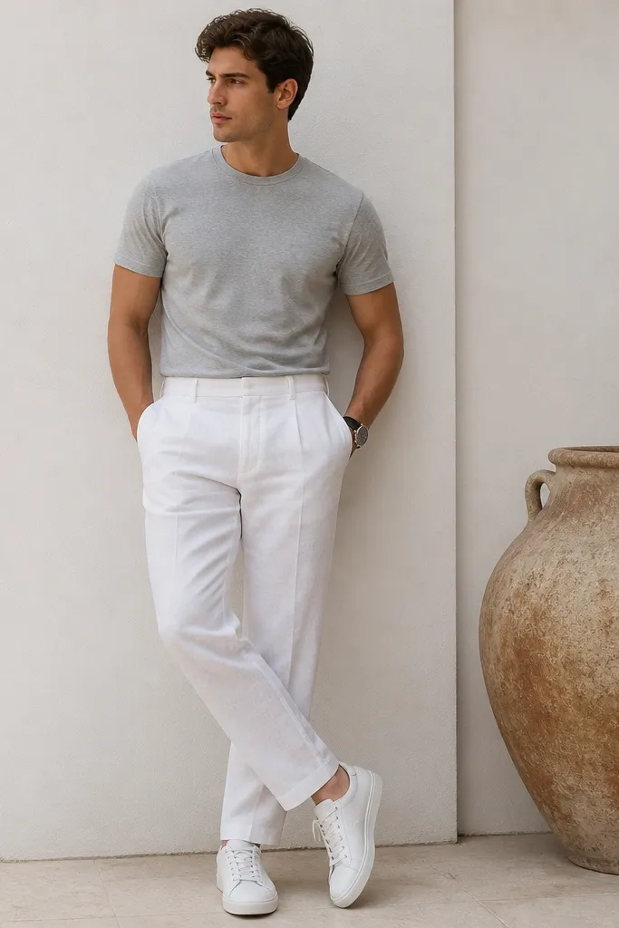 White linen pants paired with a heather gray crew tee, fully tucked, white sneakers, and a simple black watch; the outfit looks clean and minimal.