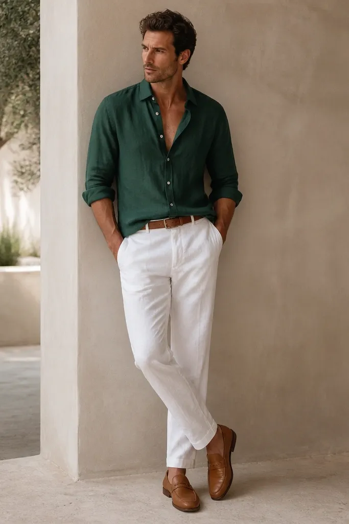 A man wears a forest green linen button-down shirt slightly open at the top, sleeves rolled to just below the elbow. The shirt is half-tucked into white linen-blend pants. He wears tan leather loafers with a brown belt.