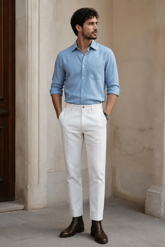 A man in a light chambray blue button-down shirt tucked into white pants. He wears dark brown leather boots, not sneakers. The photo shows a neat vertical line from shirt hem to boot shaft.