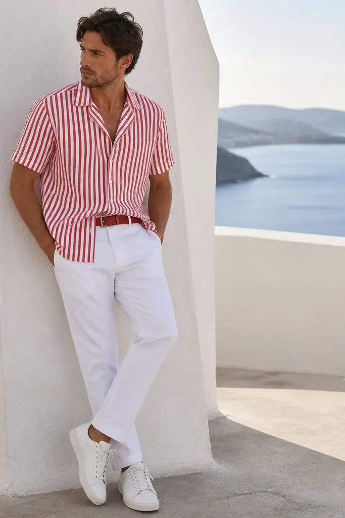 A man wears a red and white striped short-sleeve shirt with a slightly relaxed fit, sleeves ending above the elbow. The shirt is worn untucked over bright white pants with a thin red belt. He wears white leather sneakers.