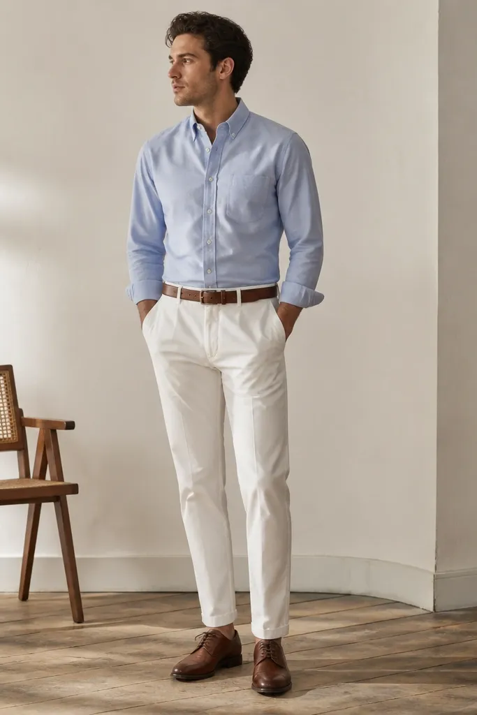 A man wears a light blue Oxford button-down shirt with sleeves rolled once, tucked into white pants. He wears brown leather derbies and a brown belt. The shirt has a structured collar and the pants show a slim-straight cut.