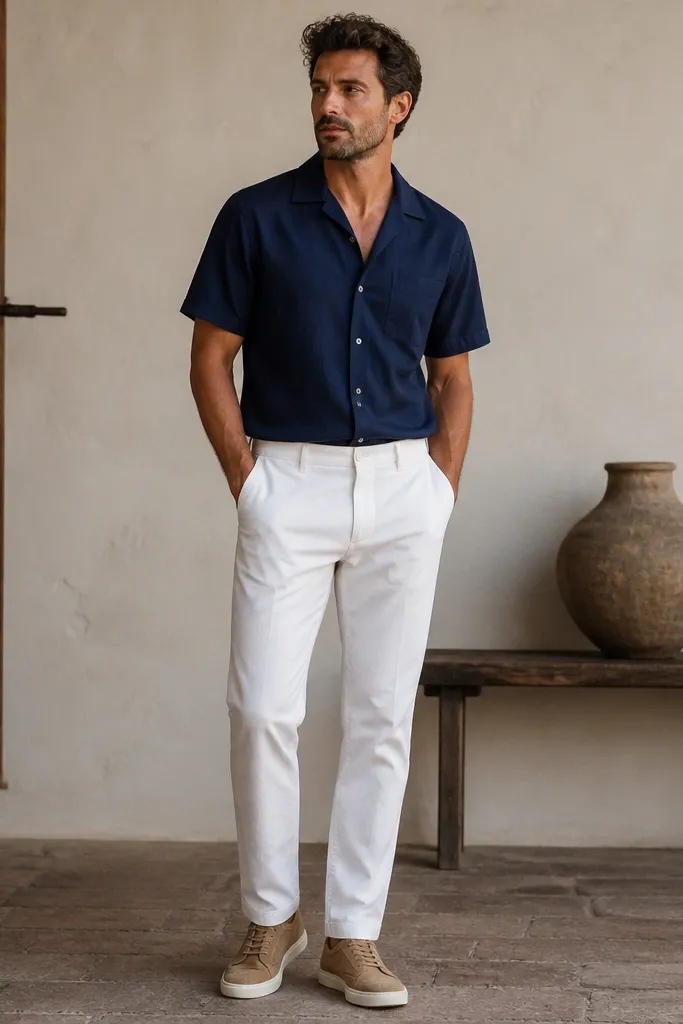 A man wears a navy short-sleeve button-down shirt with a relaxed fit over white pants. He has on light tan suede sneakers with a low profile. The shirt is open at the collar and the hem sits at the belt line.