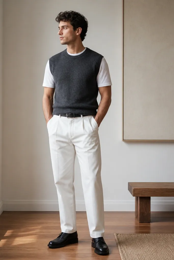 A man wears a charcoal knit sweater vest over a white crewneck tee. The vest is fitted and ends around the belt line. He pairs it with white pants and black leather lace-up shoes.