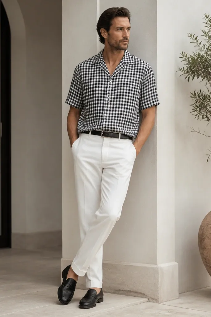 A man wears a black-and-white check short-sleeve shirt with a relaxed fit, partially tucked into white pants. He wears black loafers and a black belt. The pattern is clear and the shirt hem is neatly pressed.