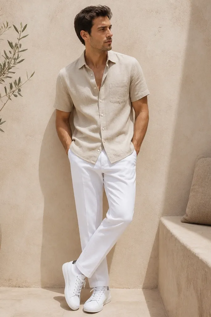A man wears a sand beige short-sleeve linen shirt slightly open at the top, worn untucked over white pants. He has on clean white sneakers. The linen has visible weave texture and the pants are bright, matte white.