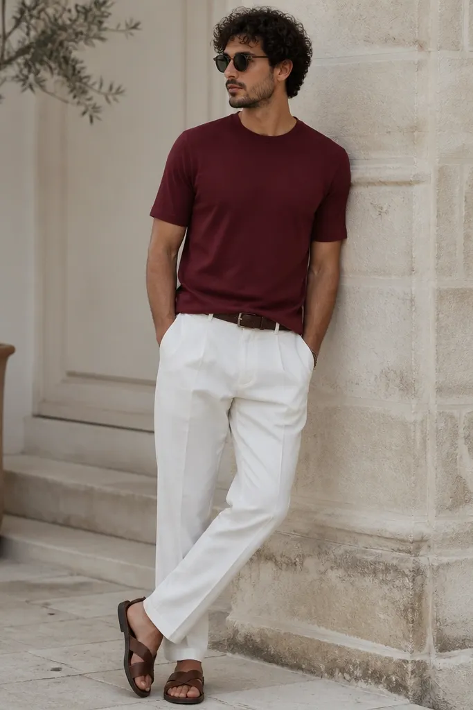 A man wears a burgundy longline short-sleeve tee that stops near the hip. The tee is worn untucked over white pants. He wears dark brown leather sandals and a burgundy-toned belt. The outfit looks relaxed and intentional.