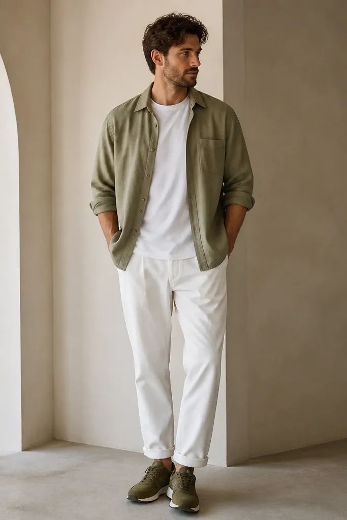 A man wears a light olive short overshirt over a white crew tee. The overshirt has rolled cuffs and is left open. He wears white pants and olive-brown sneakers. The photo shows the overshirt draping loosely over the tee.