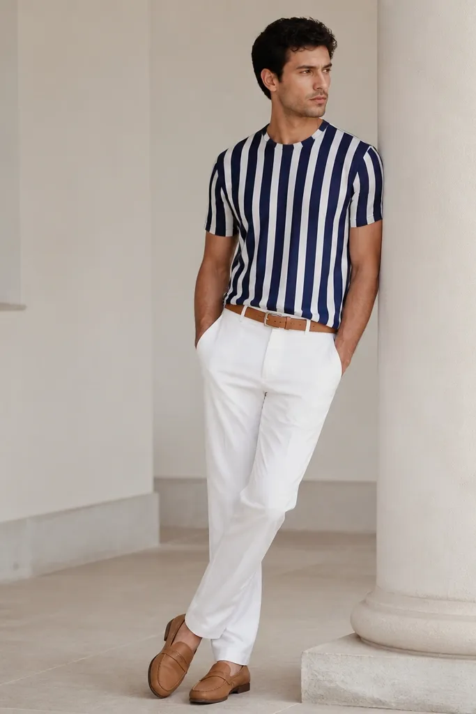 A man wears a navy-and-white striped short-sleeve tee with a slightly fitted cut, half-tucked into white pants. He wears a tan belt and tan leather loafers. The photo shows the stripes creating a vertical rhythm on the torso.