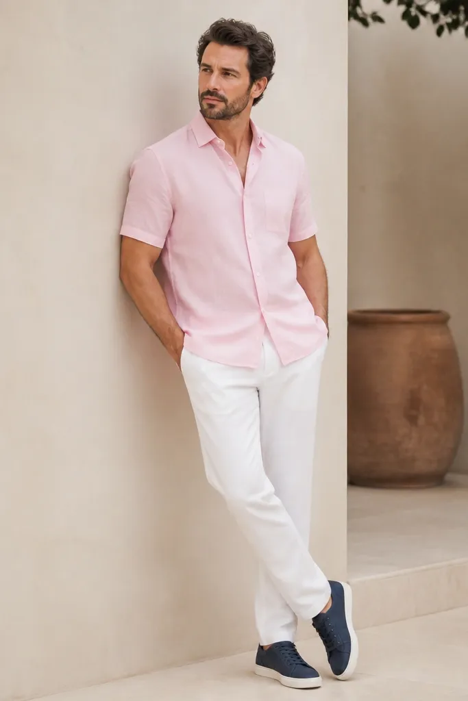 A man wears a pale pink short-sleeve button-down shirt over white pants. The shirt is untucked and the top button is open. He wears navy sneakers with white soles.
