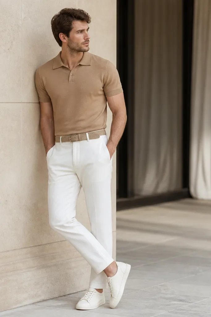 A man wears a tan knit polo shirt tucked into white pants. He has on white canvas sneakers and a tan belt. The polo has small ribbing at the collar and sleeves.