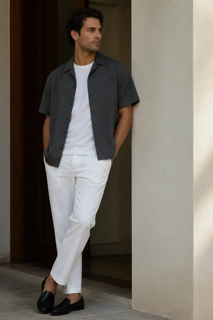 A man wears a charcoal short-sleeve overshirt left open over a white tee. He pairs it with white pants and black loafers. The overshirt has a collar and a slightly boxy fit.