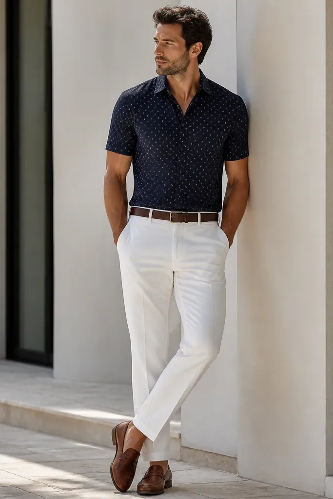 A man wears a navy-based patterned short-sleeve shirt with small motifs and a clean collar tucked into white pants. He wears brown leather loafers and a dark brown belt. The pattern is subtle, not loud.