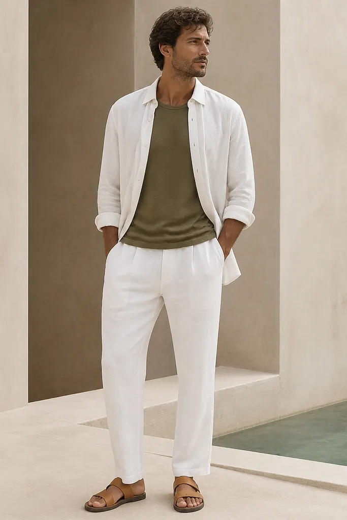 A man wears an olive t-shirt under a white linen overshirt that is open. He pairs it with white pants and tan sandals. The overshirt shows linen texture and hangs loosely.