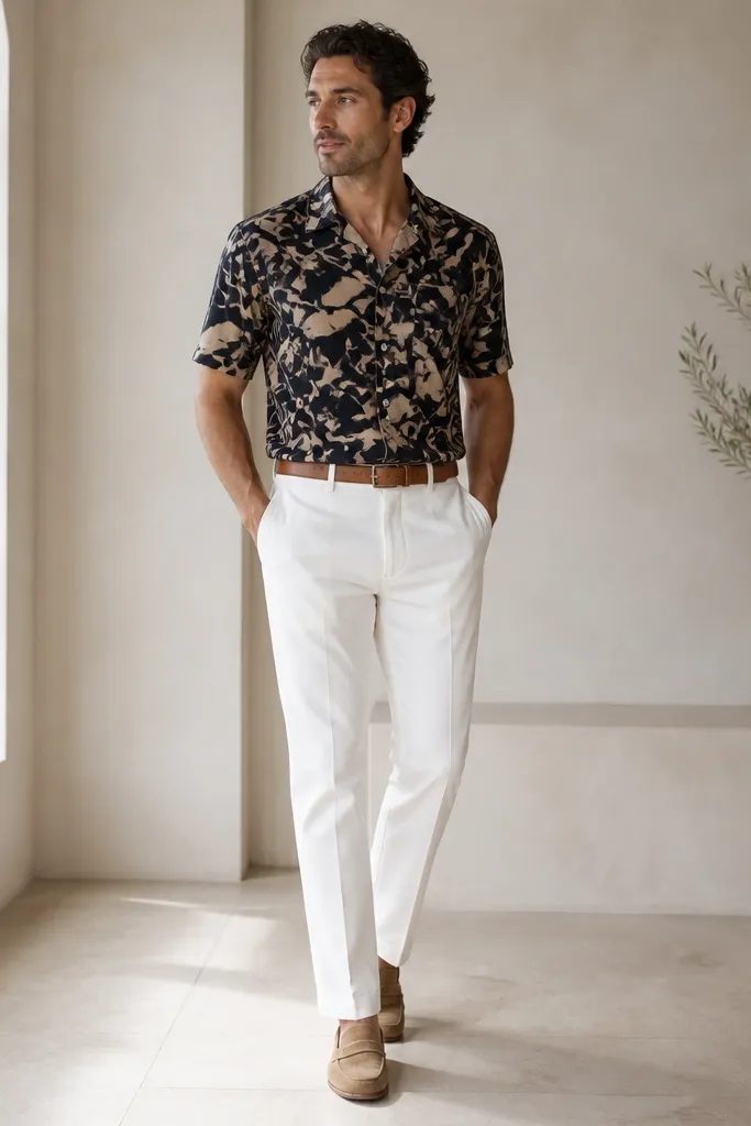 A man wears a black-and-tan short-sleeve button-down shirt with a casual pattern, tucked into white pants. He wears tan loafers and a brown belt. The shirt collar sits flat and the pattern is medium-scale.