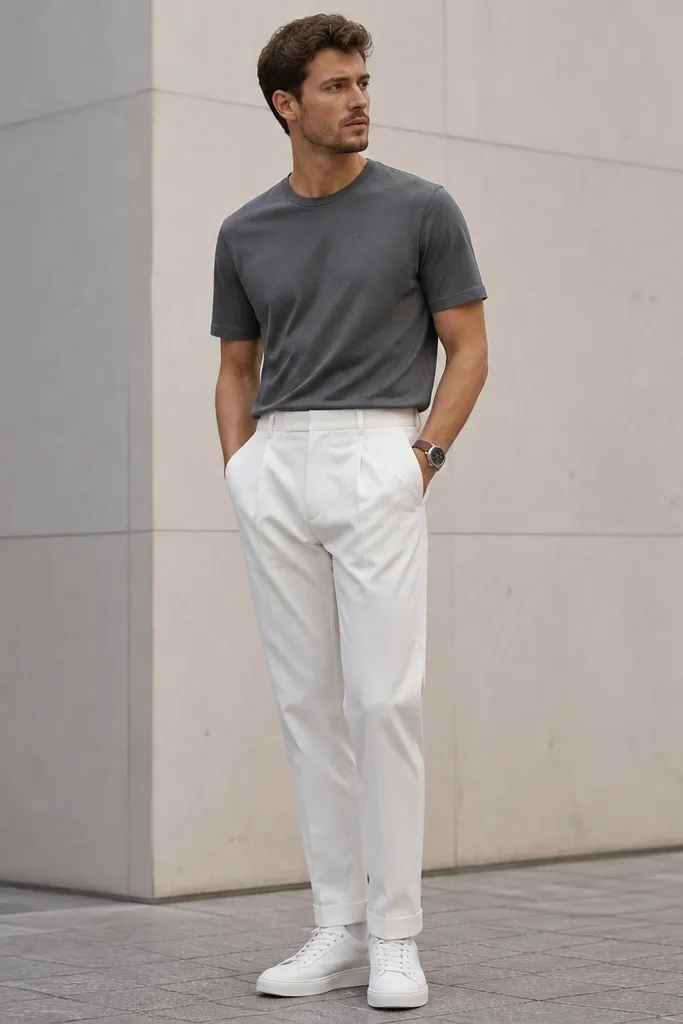 A man wears a charcoal gray crewneck t-shirt tucked into white pants. He has on white sneakers with a clean sole and a gray watch. The outfit is minimal and crisp.