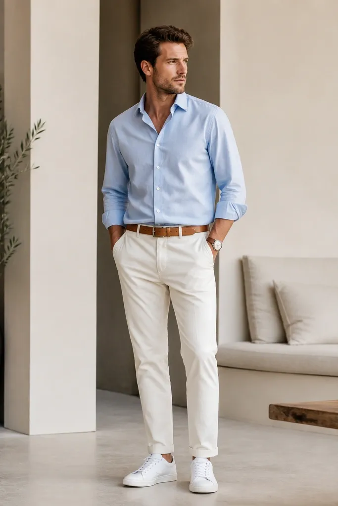 A man wearing a light powder blue button-down oxford shirt tucked into off-white chinos; white low-top leather sneakers; a tan leather belt; minimal silver watch.