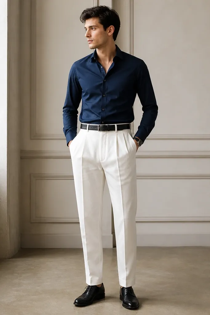 A navy blue button-down shirt fully tucked into white pleated trousers; black leather derby shoes; black belt; small wristwatch.