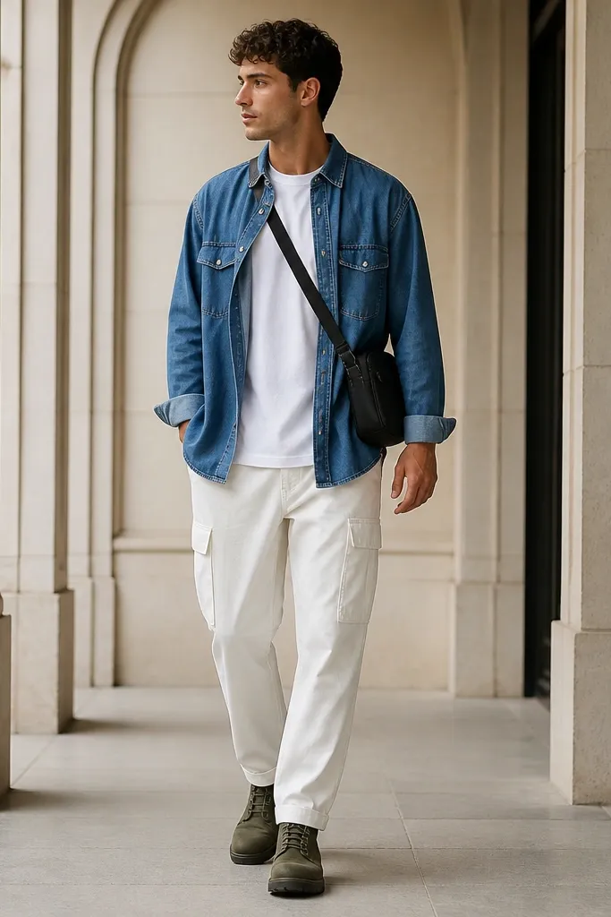 A denim blue overshirt worn open over a plain white tee; white cargo pants; olive boots; black crossbody bag.