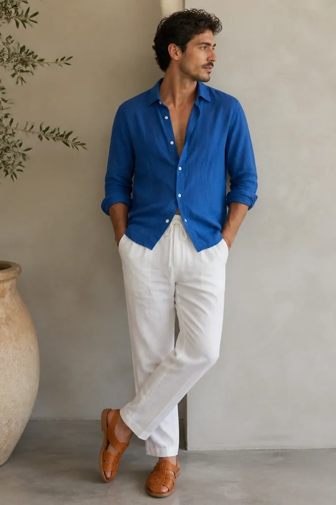 A cobalt blue linen button-up left slightly open; white drawstring pants; tan closed-toe leather sandals; minimal bracelet.