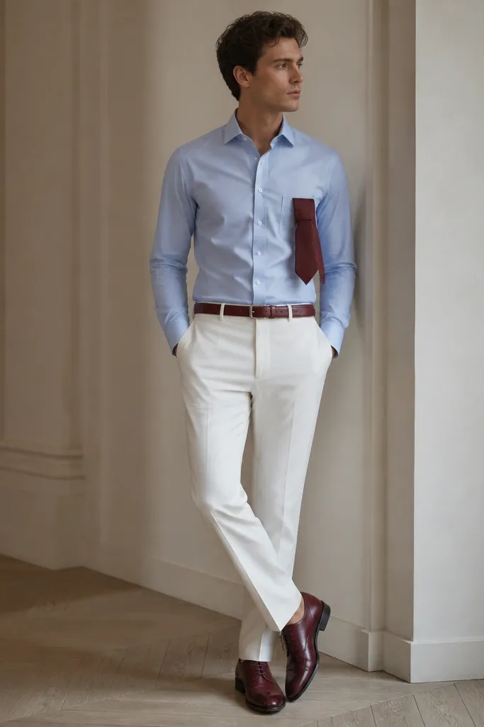 A powder blue dress shirt fully tucked into white trousers; burgundy leather oxfords with a lace-up profile; burgundy belt; slim tie hanging in pocket.
