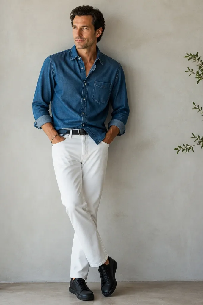 A denim blue button-down worn half-tucked into white straight jeans; black leather sneakers; black belt; simple bracelet.