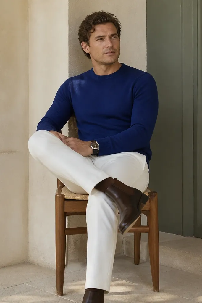 A royal blue knit crew shirt (not a button-down) worn with white tapered pants; dark brown Chelsea boots; dark belt not visible; watch.