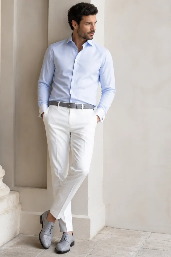 A light blue dress shirt tucked into white dress trousers; silver-gray brogues; gray belt; minimal cufflinks.