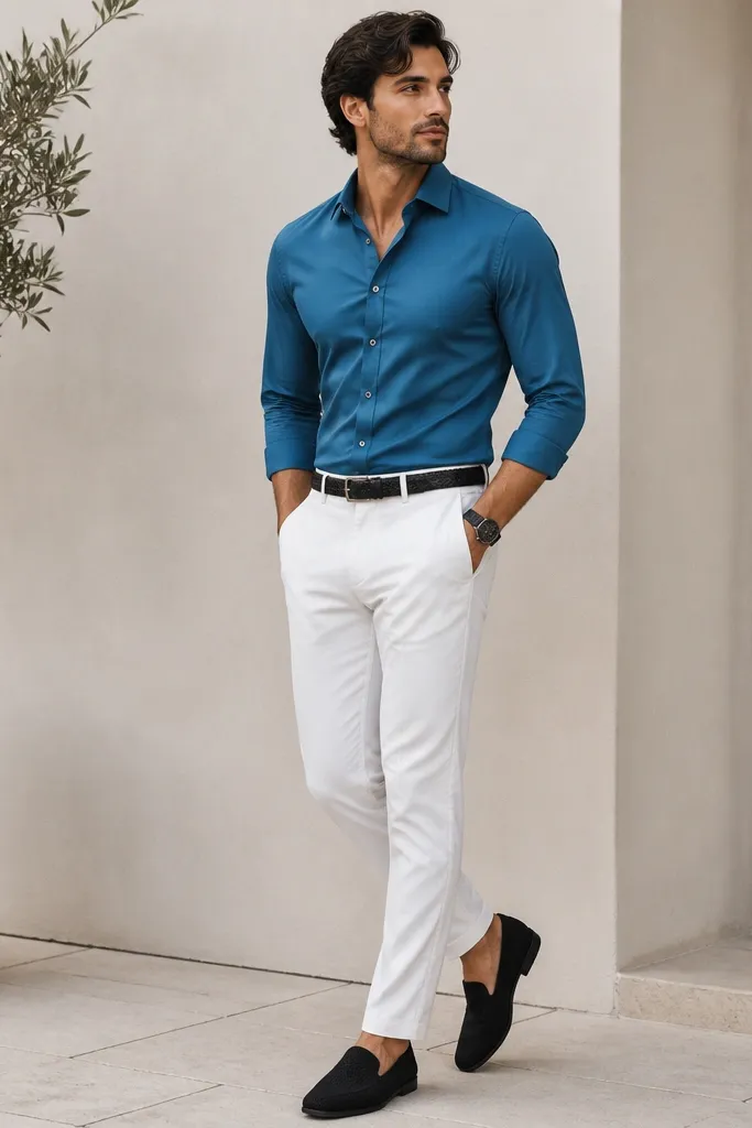 A teal-blue button-down tucked into white pants; black knit loafers; black belt; black watch band.