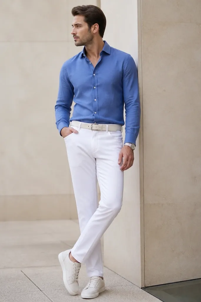 A cornflower blue shirt tucked into white jeans; white suede sneakers; off-white belt; watch with silver face.
