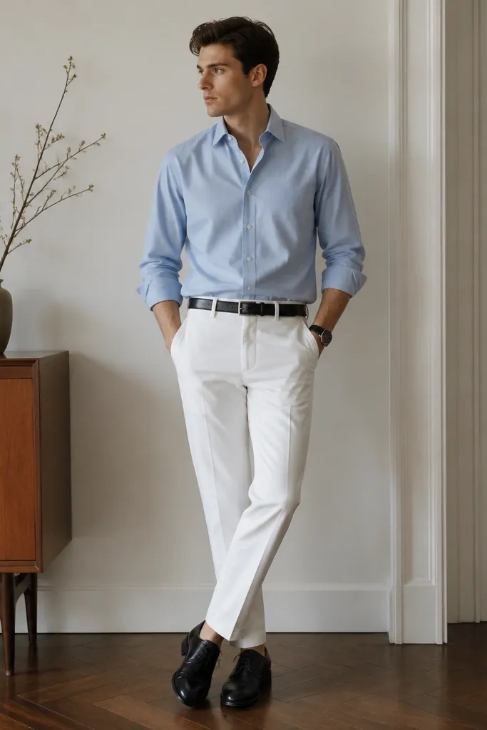 A blue poplin shirt tucked into white pants; black leather lace-up shoes; black belt; simple black watch.
