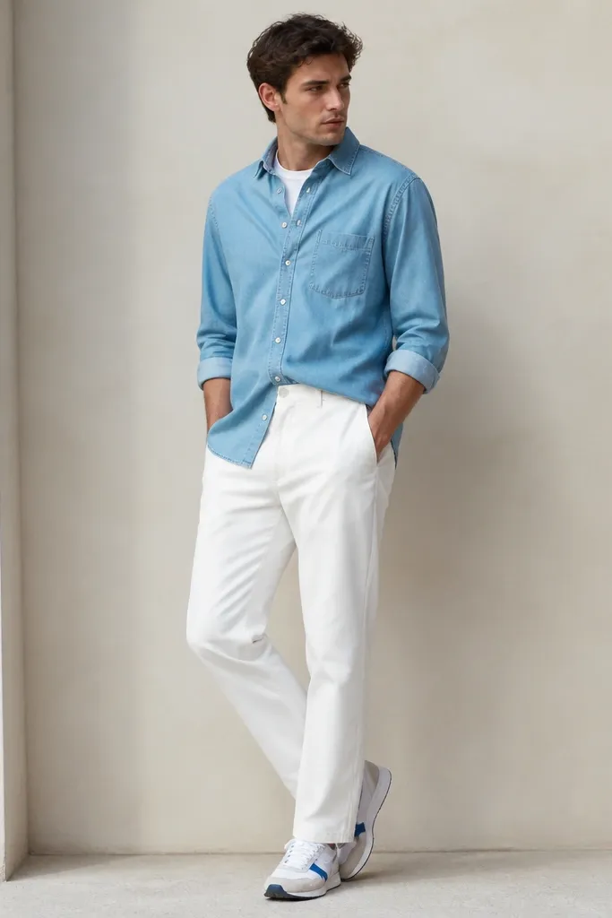 A light blue denim shirt worn half-tucked into white pants; white-and-blue running shoes; white tee visible at collar; no belt.