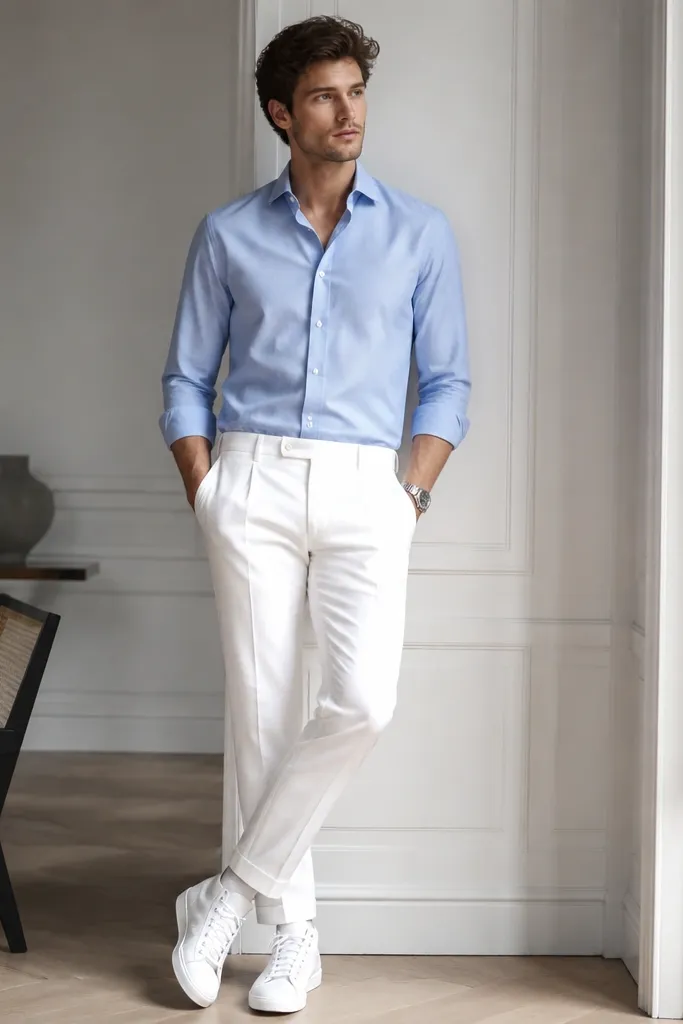 A medium blue oxford shirt tucked into white pants; white leather high-top sneakers; white belt or no belt; watch.