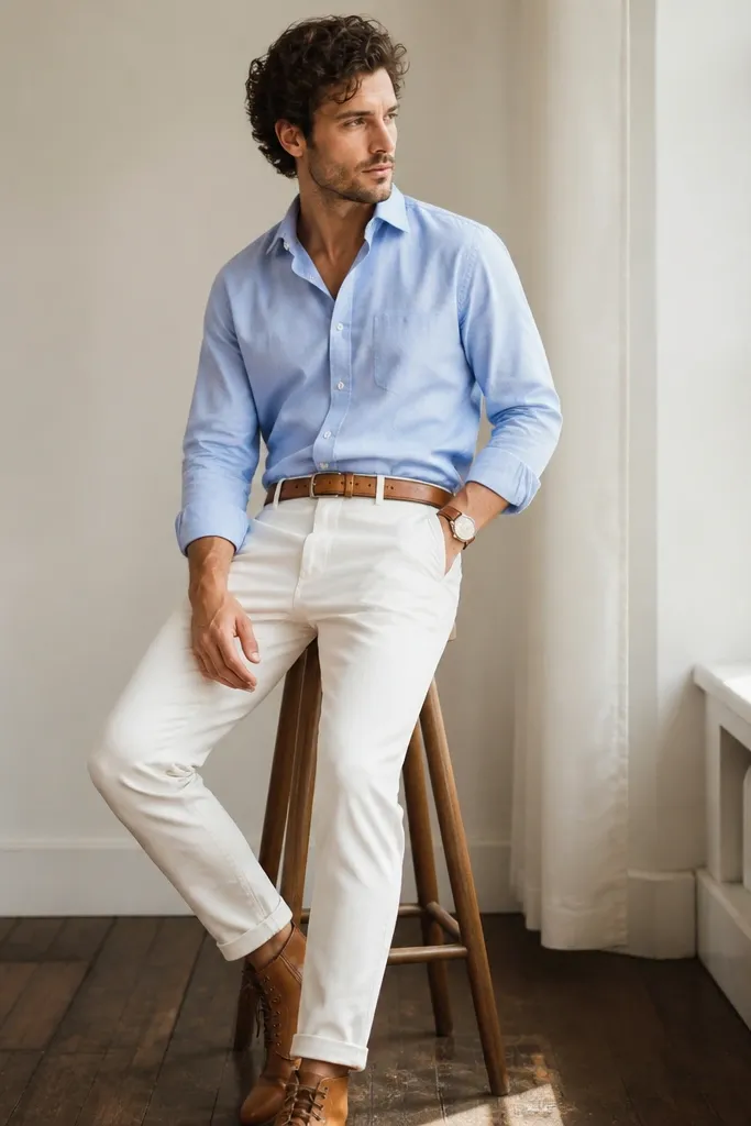 A blue poplin shirt tucked into white pants; tan leather lace-up boots; tan belt; brown leather watch strap.