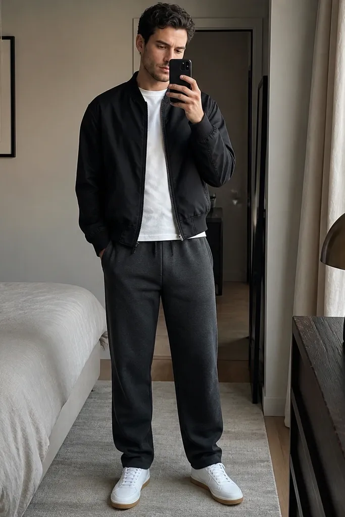 A man stands in a mirror selfie wearing charcoal gray sweatpants, a matte black bomber jacket zipped to the top, a plain white crewneck shirt, and clean white low-top sneakers with subtle gum accents.
