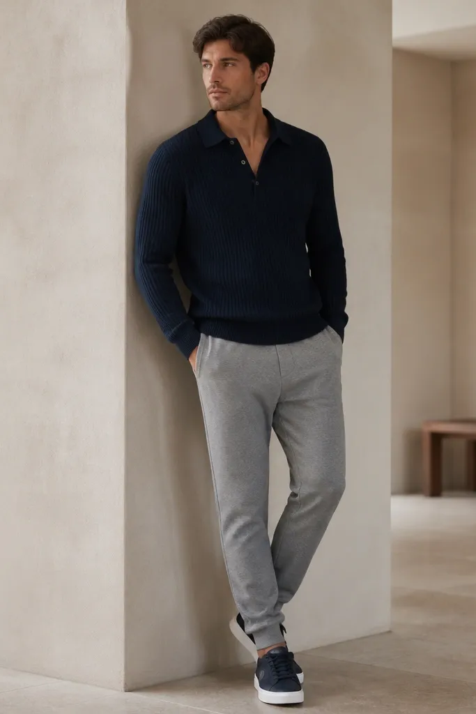 Medium gray sweatpants with a soft taper are paired with a navy ribbed knit polo with a collar, worn slightly unbuttoned at the top, and navy sneakers with white midsoles.