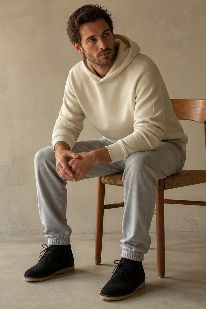 Gray sweatpants are worn with a cream pullover hoodie, sleeves pushed to show the wrist, and black suede chukka boots with crepe soles.