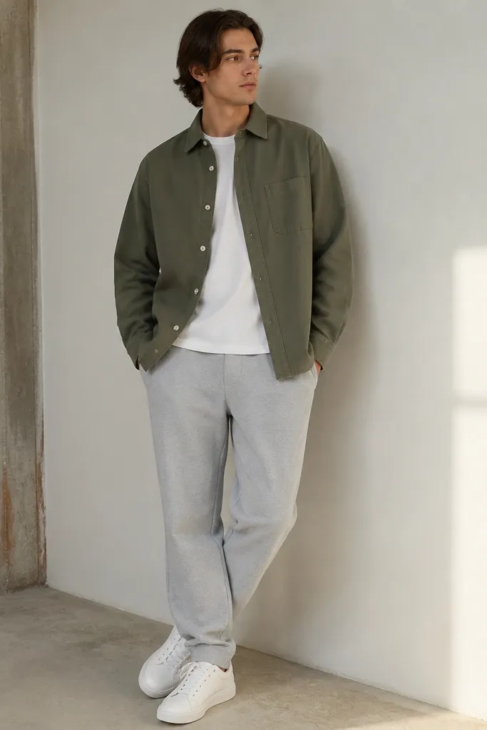 Light gray sweatpants are styled with an olive green overshirt buttoned halfway, a white tee underneath, and clean white sneakers.