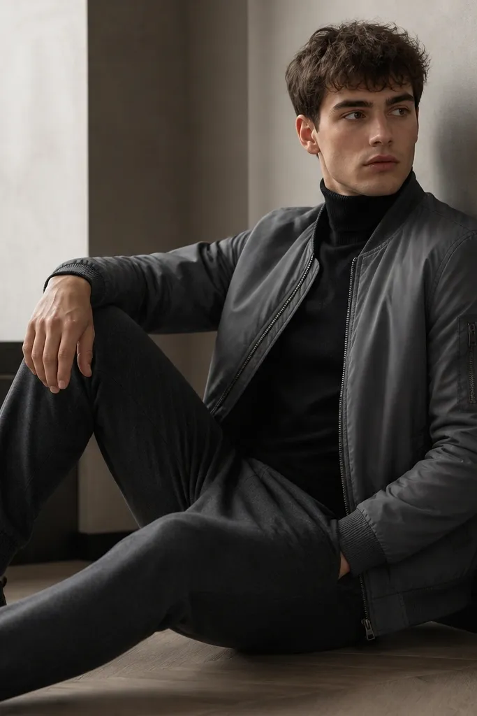 Charcoal gray sweatpants are paired with a fitted black turtleneck and a gray bomber jacket layered on top, with dark sneakers.