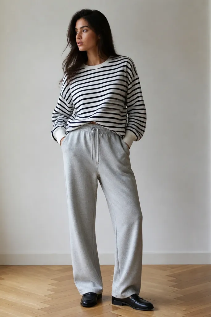 Ash gray sweatpants paired with a black-and-white striped long-sleeve tee, tucked slightly in front, and black leather loafers.