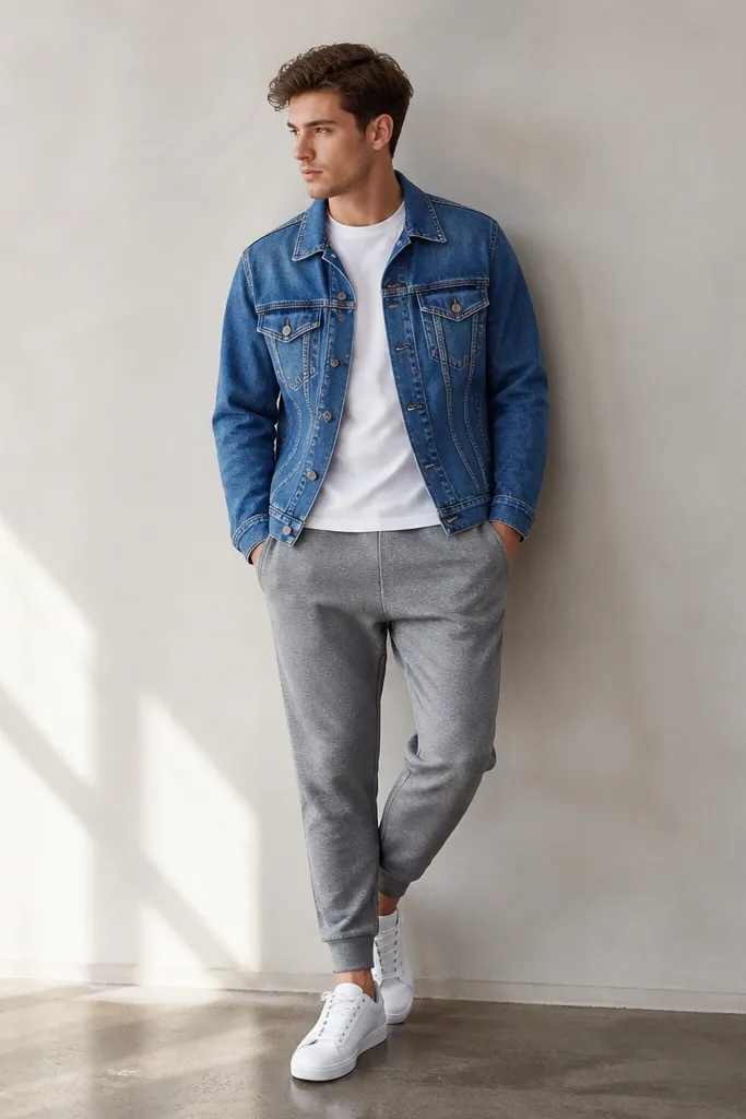 Medium gray sweatpants with a tapered fit, a white crew tee, and a classic blue denim jacket worn with sleeves down and white sneakers.